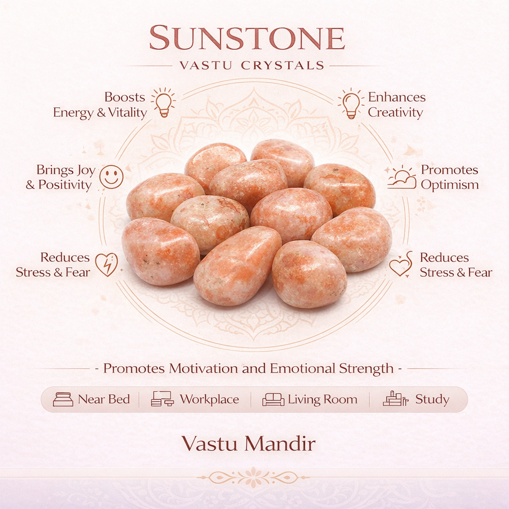 Sunstone tumbled stones infographic listing visible product features and suggested placement