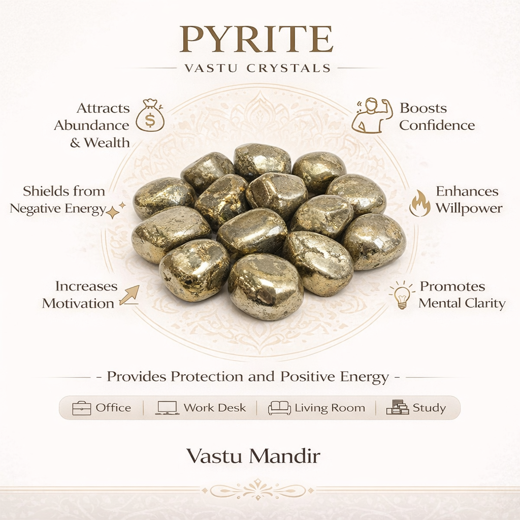 Pyrite tumbled stones infographic listing visible product features and suggested placement