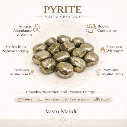 Pyrite tumbled stones infographic listing visible product features and suggested placement