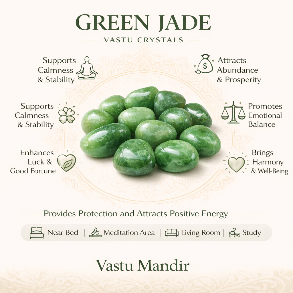 Green jade tumbled stones infographic listing visible product features and suggested placement