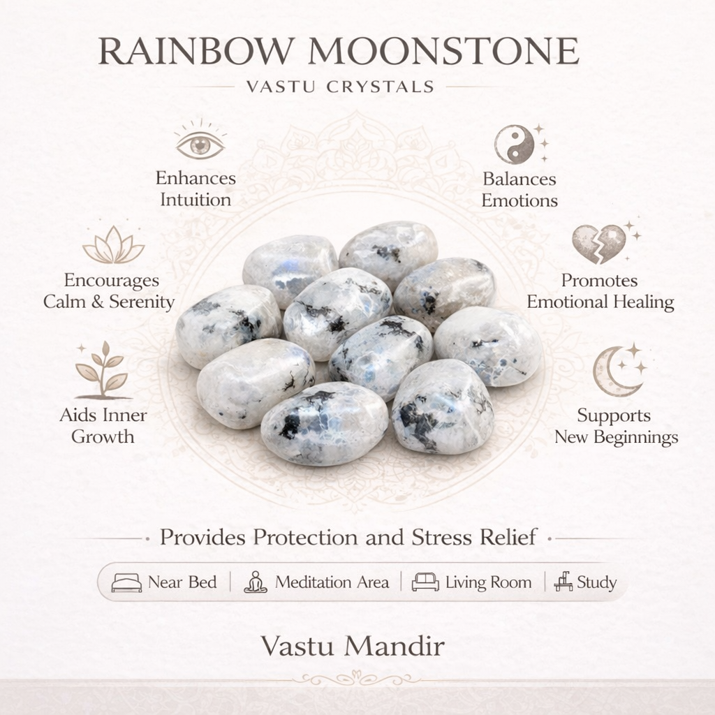 Rainbow moonstone pieces infographic listing visible product features and suggested placement