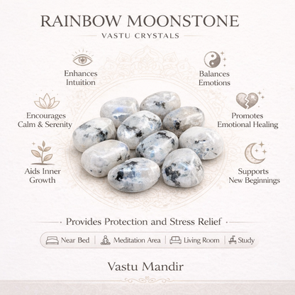 Rainbow moonstone pieces infographic listing visible product features and suggested placement