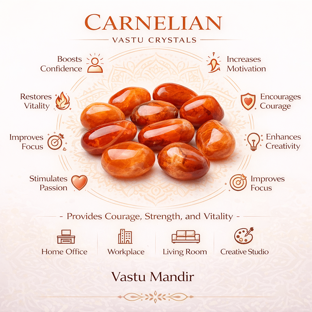 Carnelian tumbled stones infographic listing visible product features and suggested placement