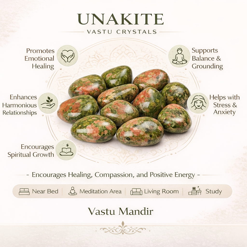 Unakite tumbled stones infographic listing visible product features and suggested placement