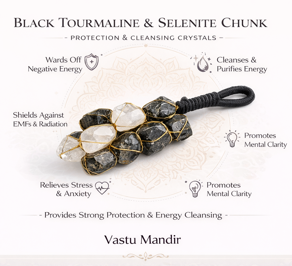 Black tourmaline & selenite dual crystal chunk infographic summarising visible product features