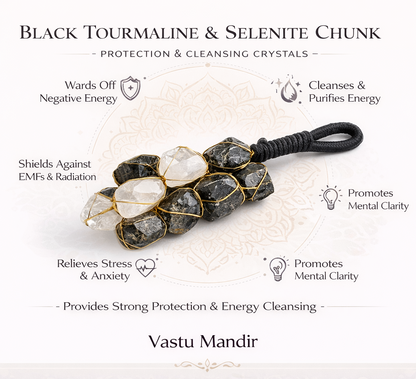 Black tourmaline & selenite dual crystal chunk infographic summarising visible product features