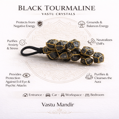 Black tourmaline chunk infographic summarising visible product features