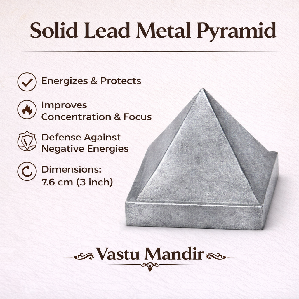 Solid lead pyramid infographic showing 7.6 cm size and listed product features