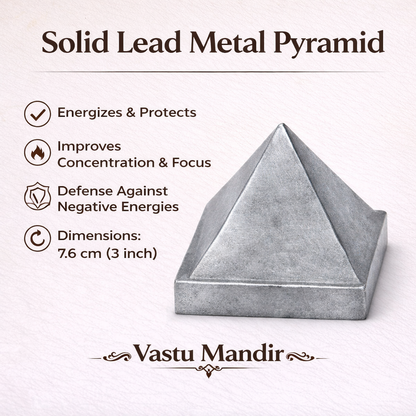Solid lead pyramid infographic showing 7.6 cm size and listed product features