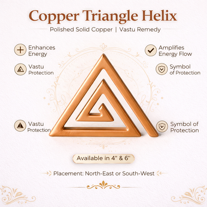 Copper triangle helix product infographic with placement and feature icons