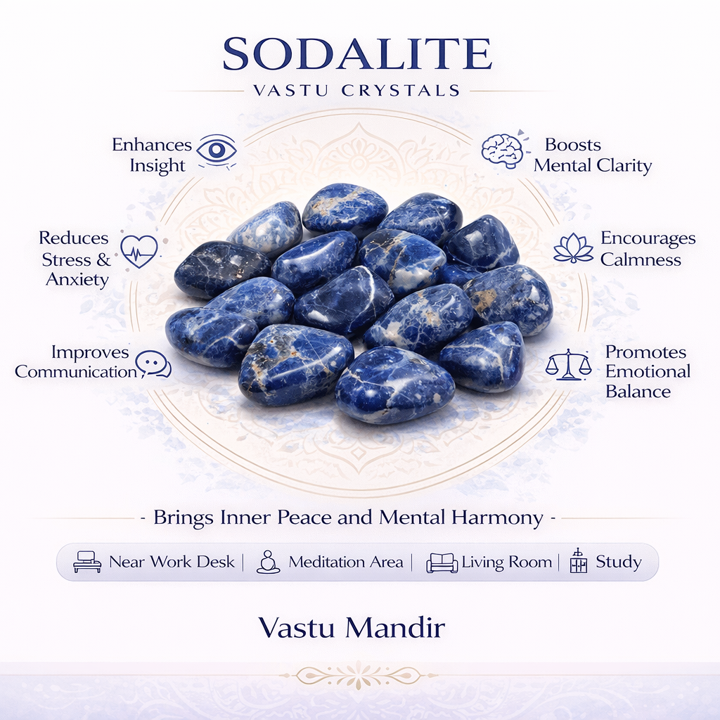 Natural sodalite tumbled stones infographic summarising visible product features