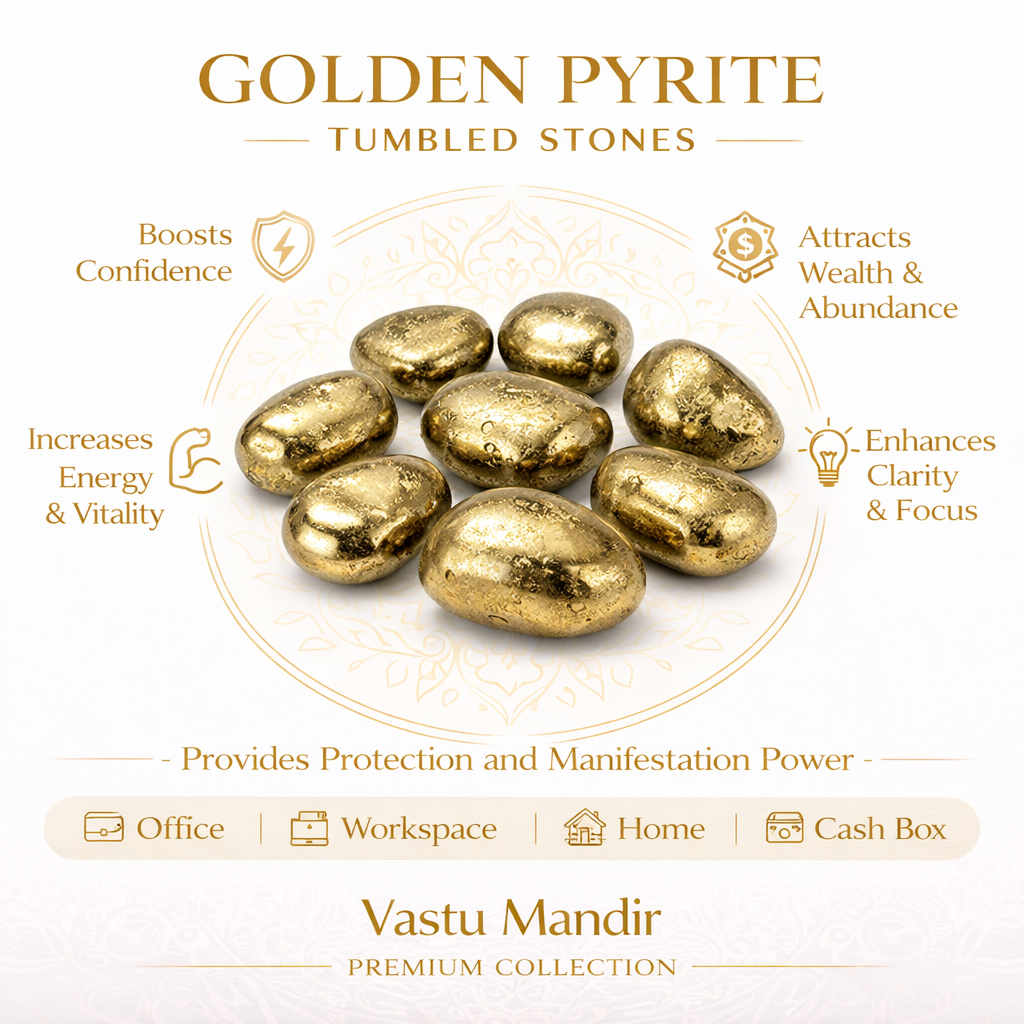 Golden pyrite tumbled stones infographic listing visible Vastu features and suggested placement