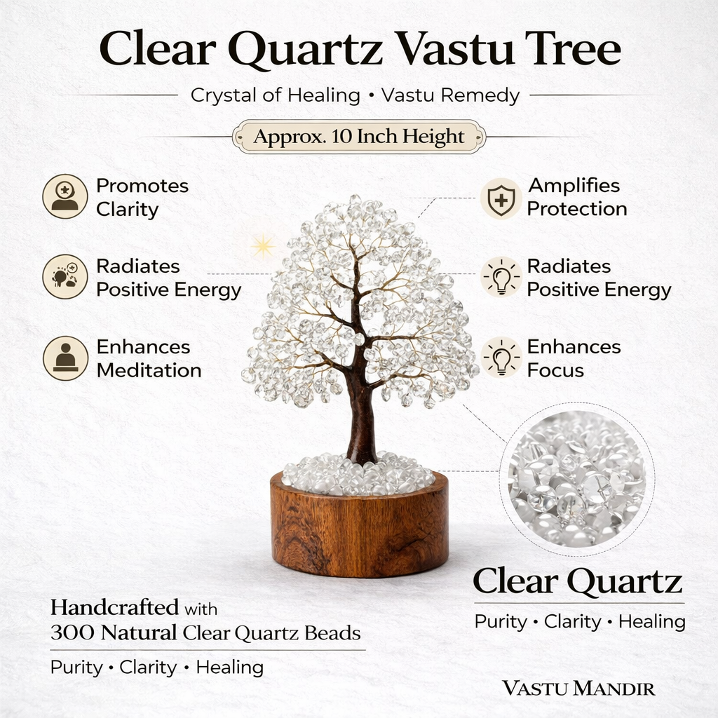 Clear quartz crystal tree infographic summarising visible product features