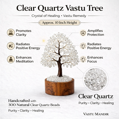 Clear quartz crystal tree infographic summarising visible product features