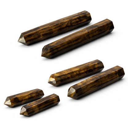 Tiger eye crystal pencil in a close-up view against a clean white background