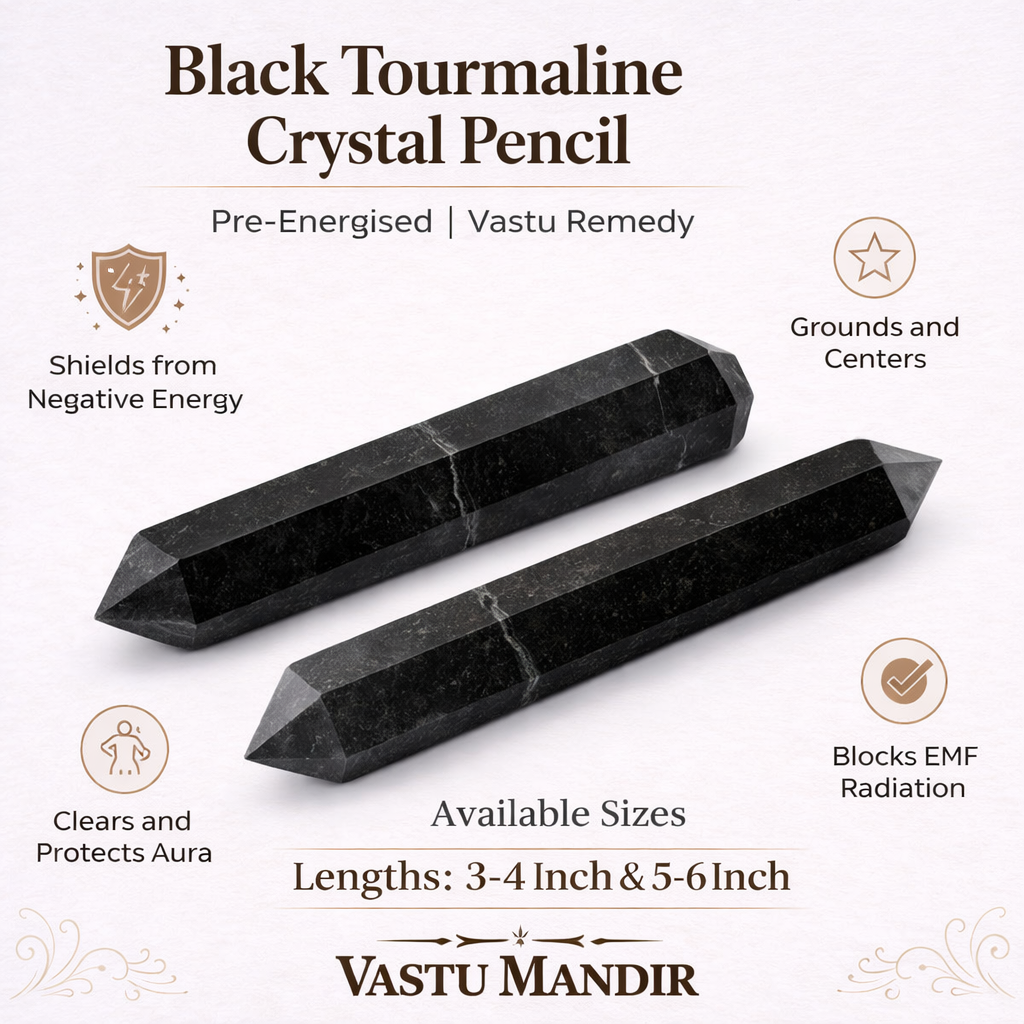 Black tourmaline Vastu pencil infographic summarising visible product features