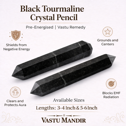 Black tourmaline Vastu pencil infographic summarising visible product features