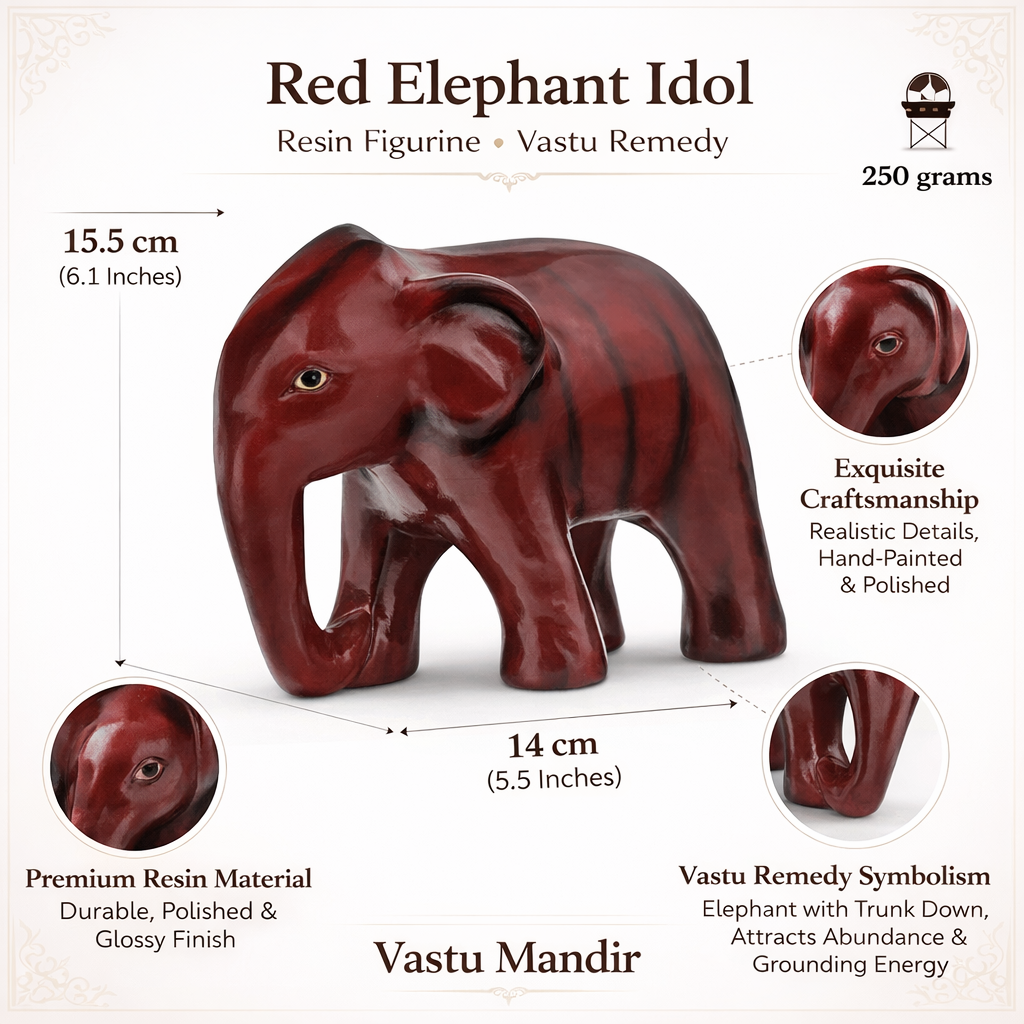 Royal red elephant resin sculpture Vastu remedy infographic summarising visible product features