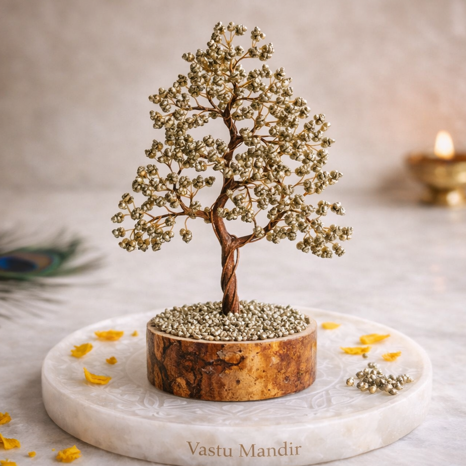 Pyrite money tree arranged in a styled spiritual setting