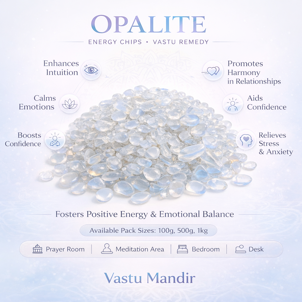 Opalite crystal chips infographic listing visible product features and suggested placement