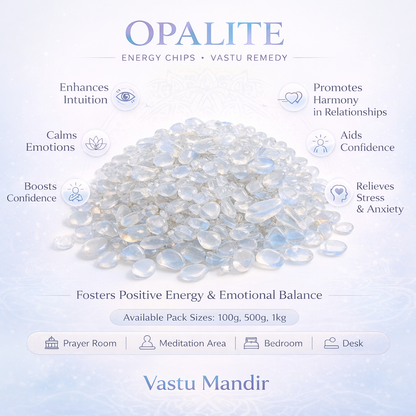 Opalite crystal chips infographic listing visible product features and suggested placement