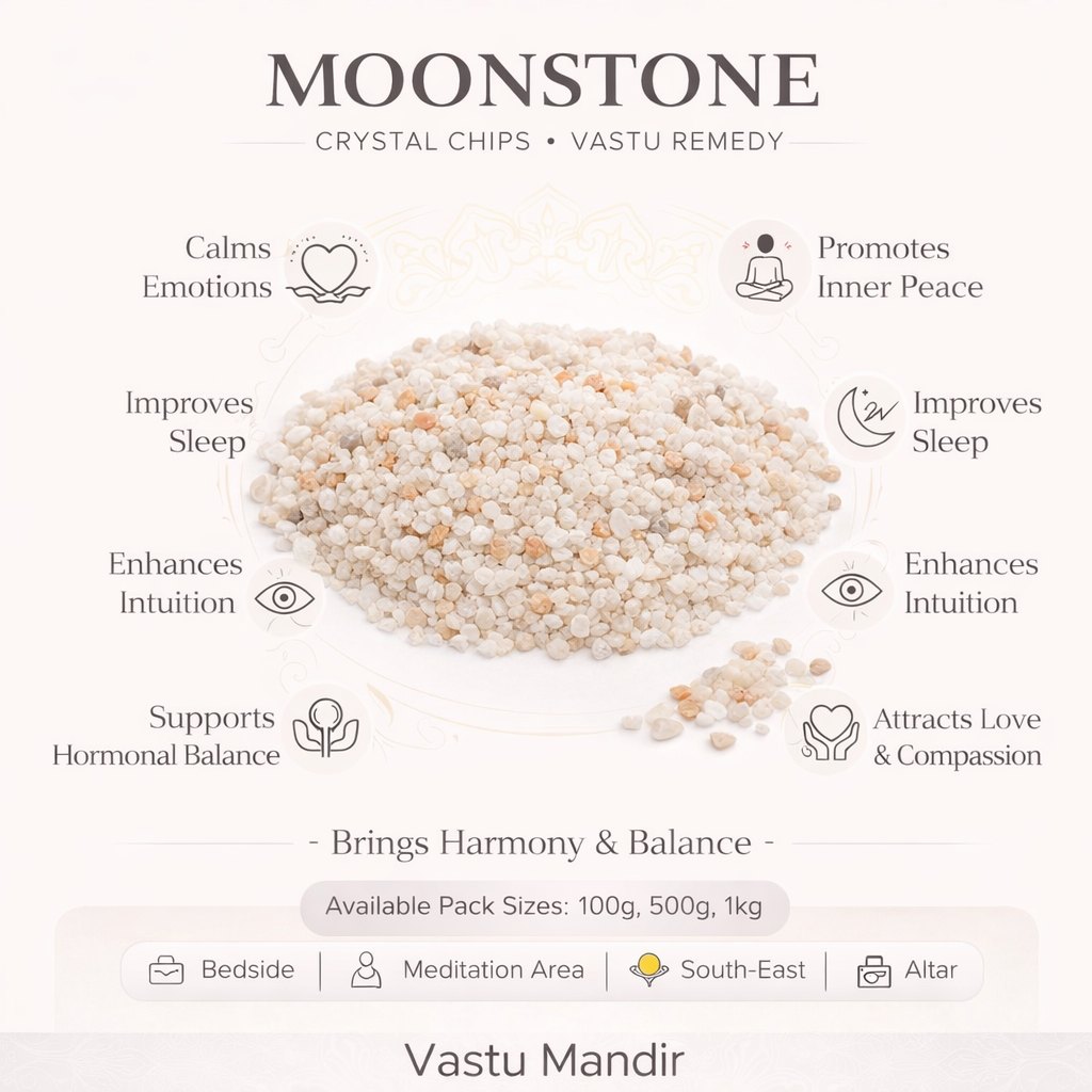 Moonstone crystal chips infographic listing visible product features and suggested placement