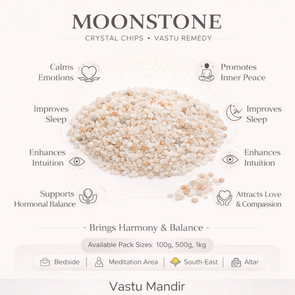Moonstone crystal chips infographic listing visible product features and suggested placement