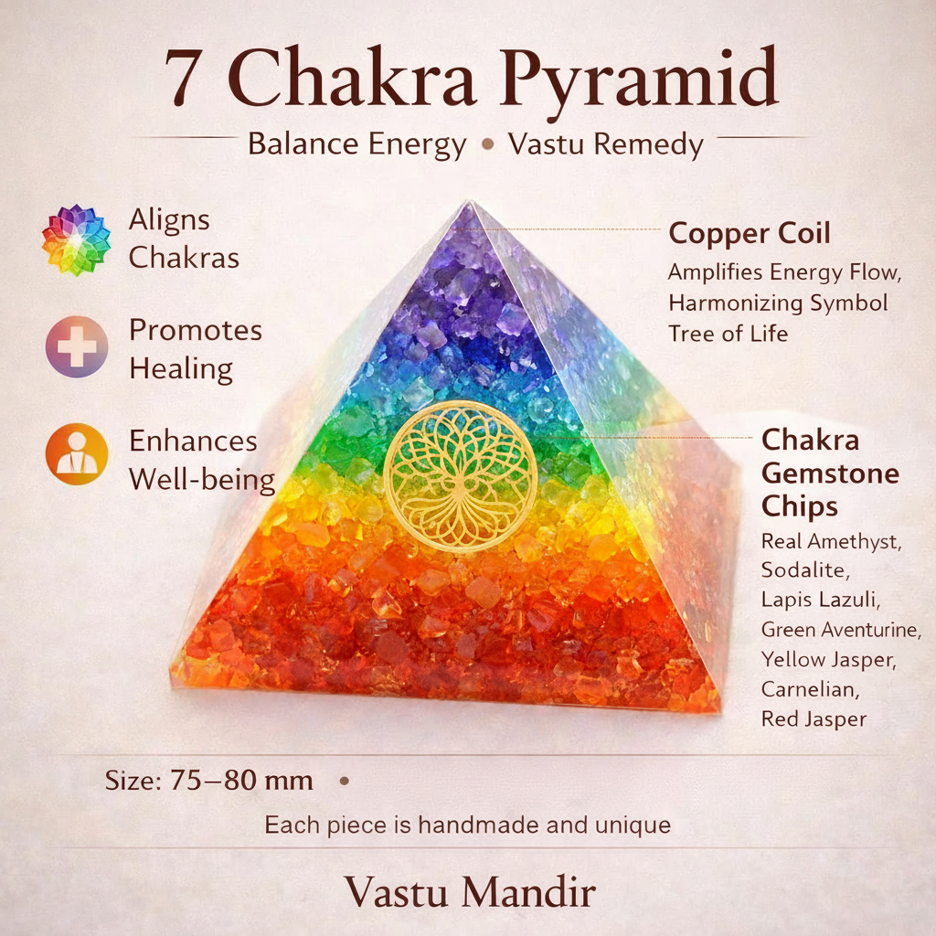 7 Chakra Orgone Pyramid, orgonite – front-right angled view showing the opposite side