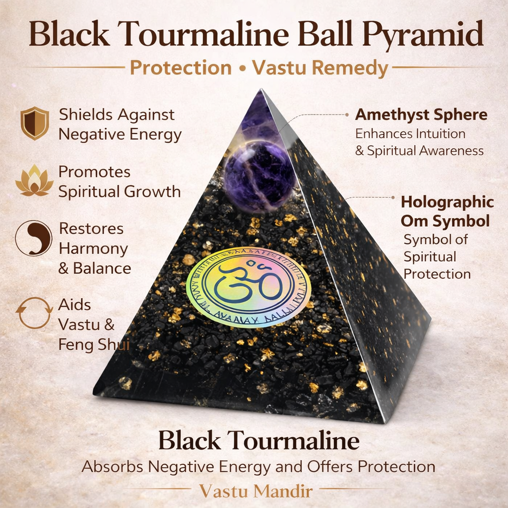 Natural Black Tourmaline Sphere Pyramid – front-right angled view showing the opposite side