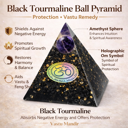 Natural Black Tourmaline Sphere Pyramid – front-right angled view showing the opposite side