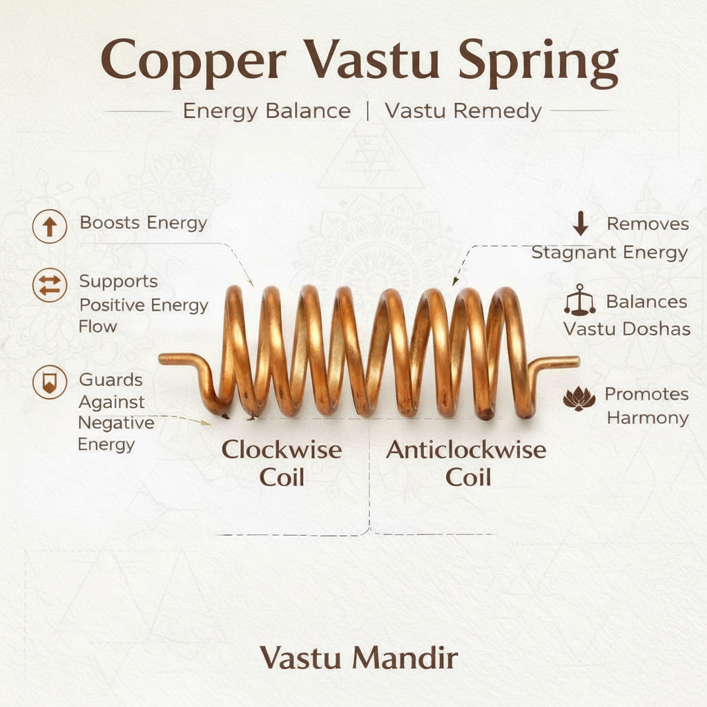 Copper Vastu spring infographic comparing clockwise and anticlockwise coils