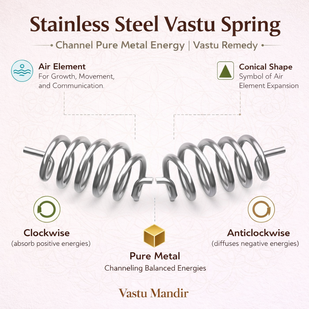 Stainless steel Vastu spring infographic comparing clockwise and anticlockwise forms
