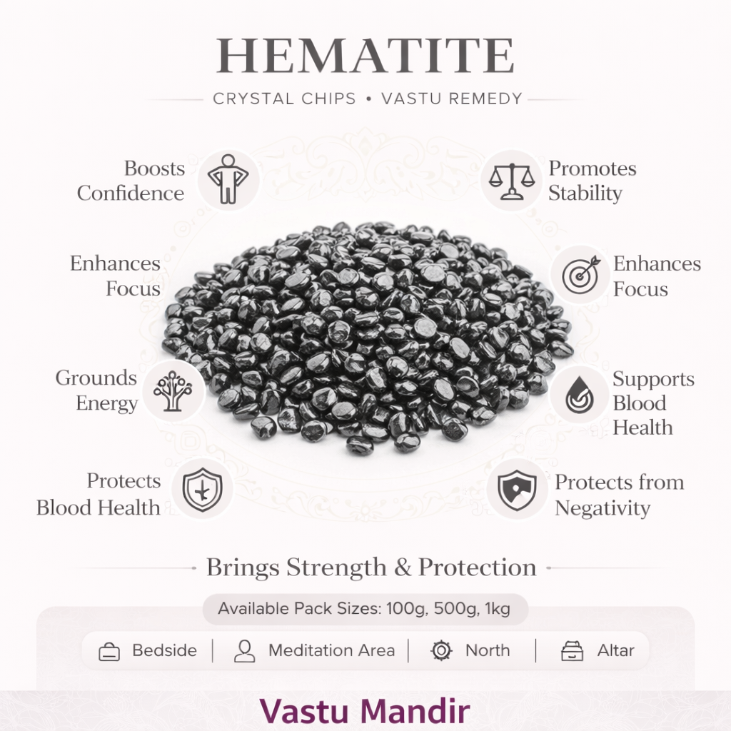 Hematite crystal chips infographic summarising visible product features