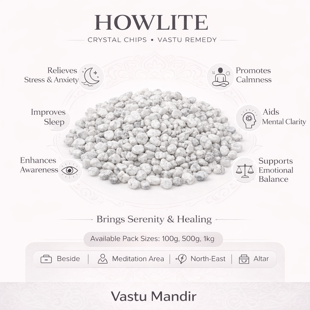 Howlite crystal chips infographic listing visible product features and suggested placement