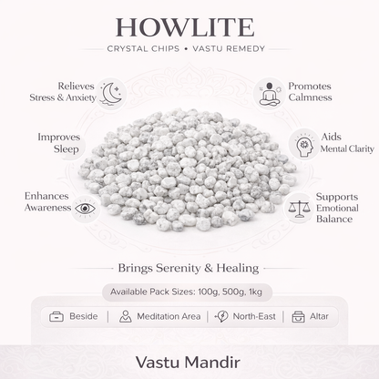 Howlite crystal chips infographic listing visible product features and suggested placement