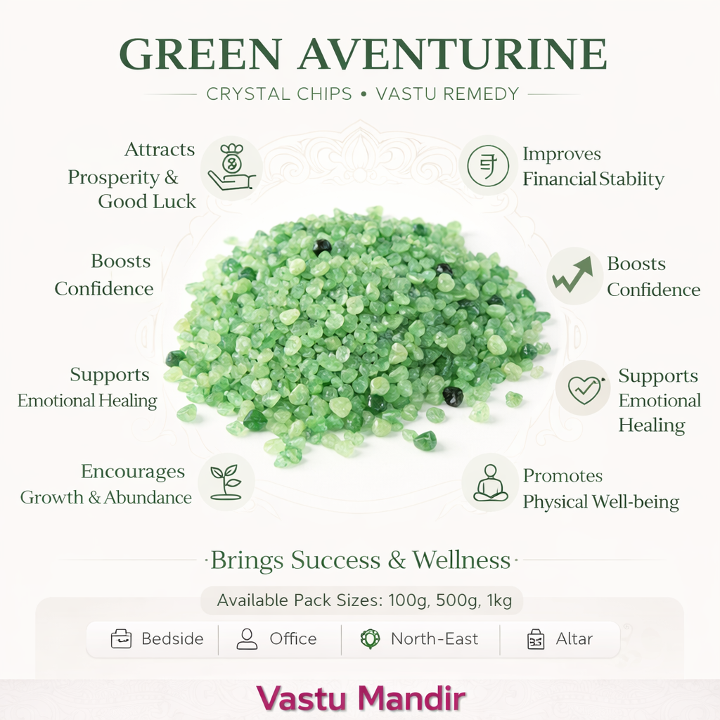 Green aventurine crystal chips infographic listing visible product features and suggested placement