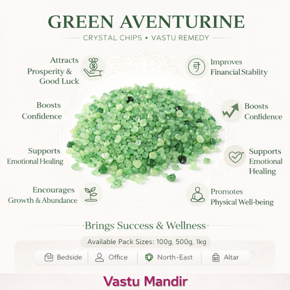 Green aventurine crystal chips infographic listing visible product features and suggested placement