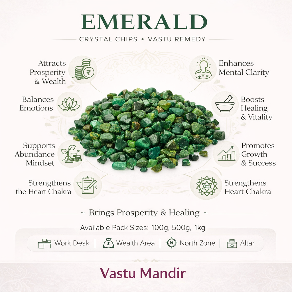 Emerald crystal chips infographic listing visible product features and suggested placement