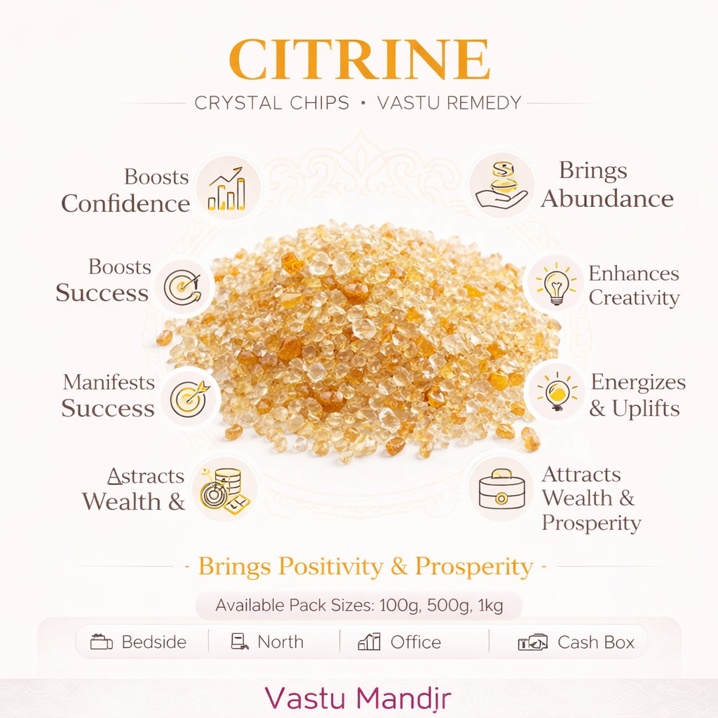 Citrine crystal chips infographic listing visible product features and suggested placement