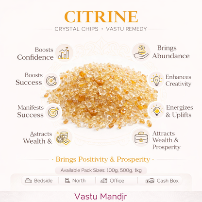 Citrine crystal chips infographic listing visible product features and suggested placement