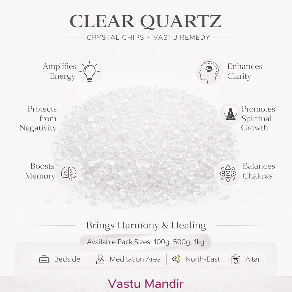 Clear quartz crystal chips infographic listing visible product features and suggested placement