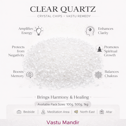 Clear quartz crystal chips infographic listing visible product features and suggested placement