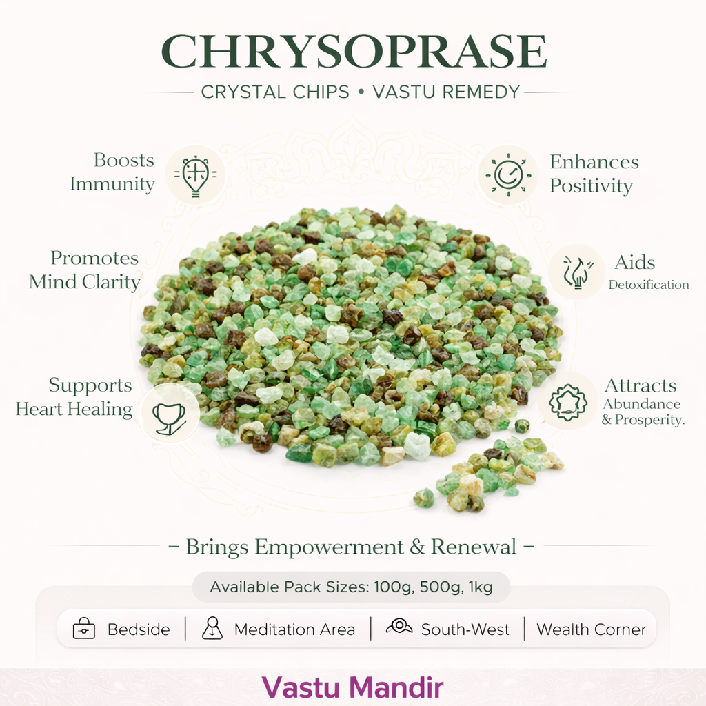 Chrysoprase crystal chips infographic listing visible product features and suggested placement