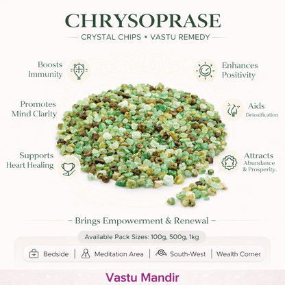 Chrysoprase crystal chips infographic listing visible product features and suggested placement