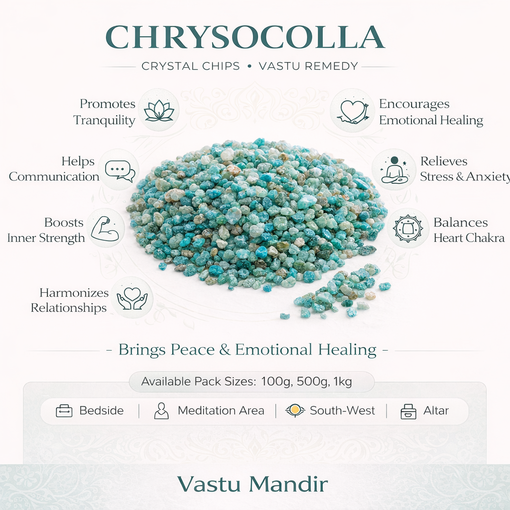 Chrysocolla crystal chips infographic listing visible product features and suggested placement