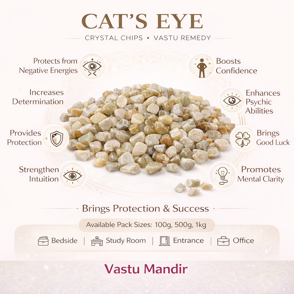 Cat's eye crystal chips infographic listing visible product features and suggested placement