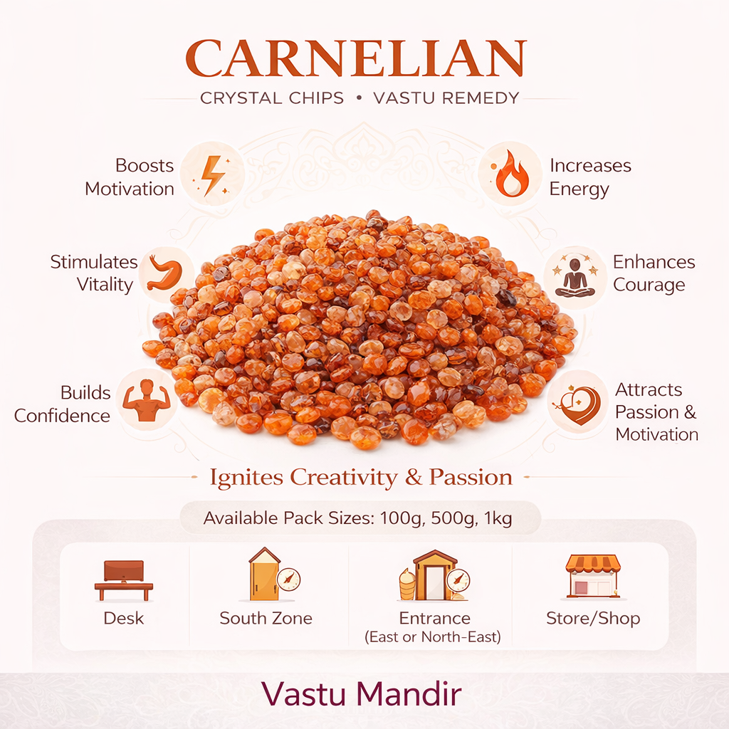 Carnelian crystal chips infographic listing visible product features and suggested placement