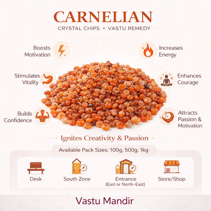 Carnelian crystal chips infographic listing visible product features and suggested placement