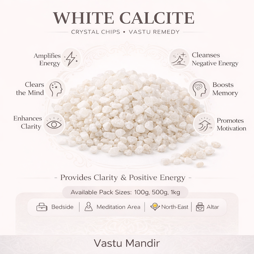 White calcite crystal chips infographic listing visible product features and suggested placement