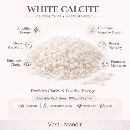 White calcite crystal chips infographic listing visible product features and suggested placement